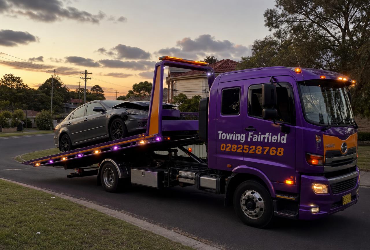 Towing Fairfield flatbed tow truck loading a car in Fairfield NSW