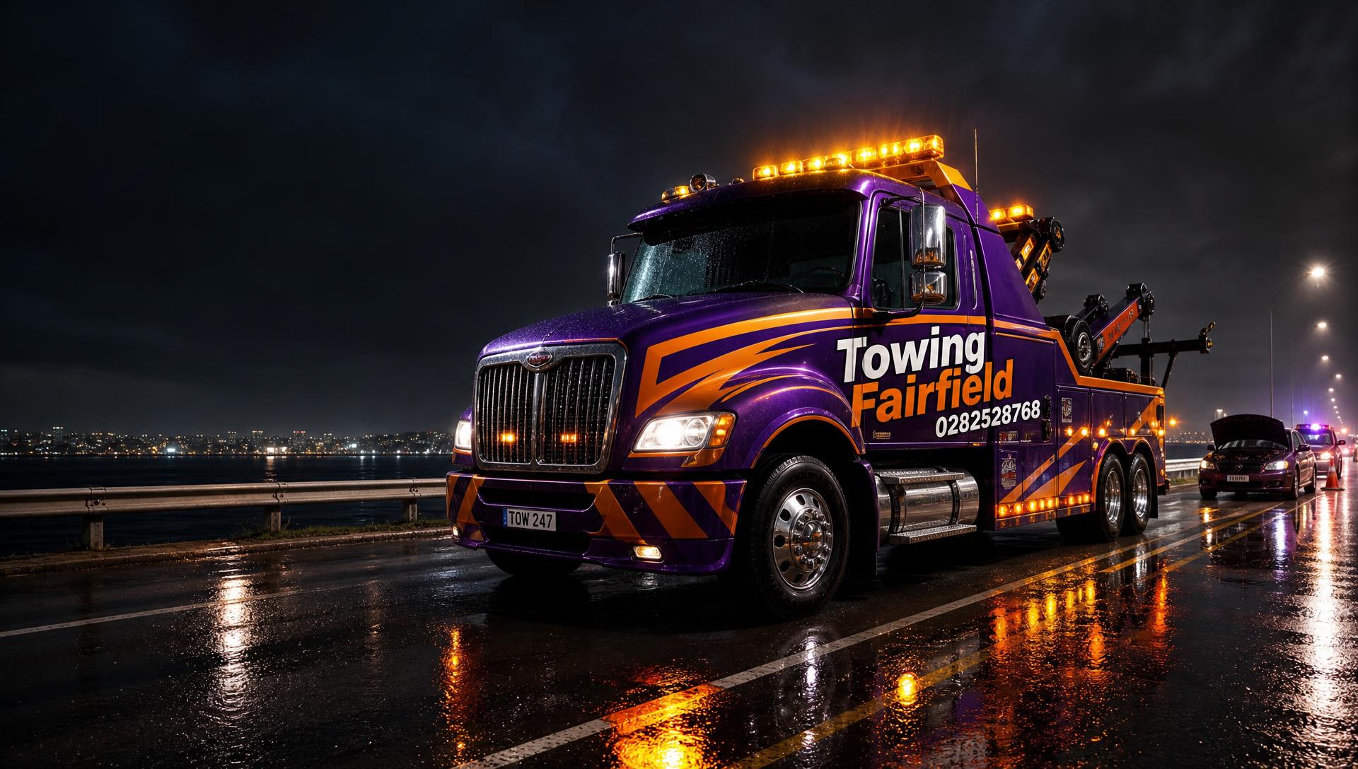 Towing Fairfield tow truck on a Sydney road at night