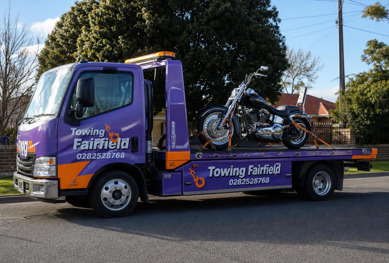 Motorbike secured on a Towing Fairfield tilt tray tow truck